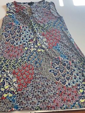 MSK Navy Red Multicolor Floral Ring-Accent Top